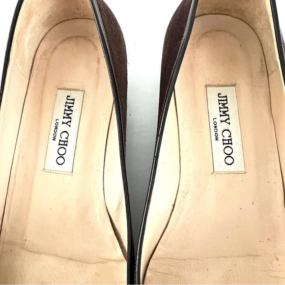JIMMY CHOO Brown Suede w Leather Accent Close Pointy Toe Slip On Flats Sz 39 1/2